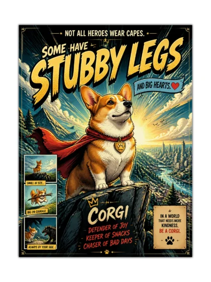 Heroic corgi dog poster with red cape, mountain city, and bold comic-style lettering
