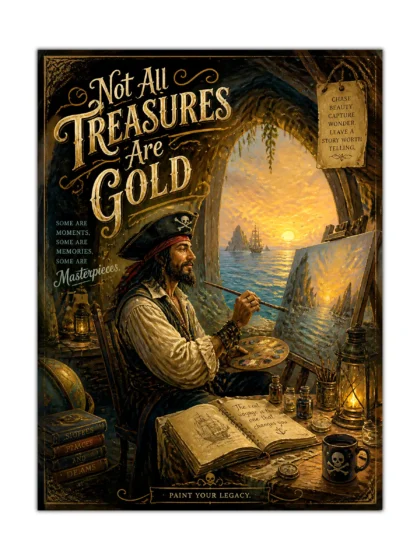 Pirate painter poster showing a lantern-lit artist facing a glowing sunset sea with vintage lettering