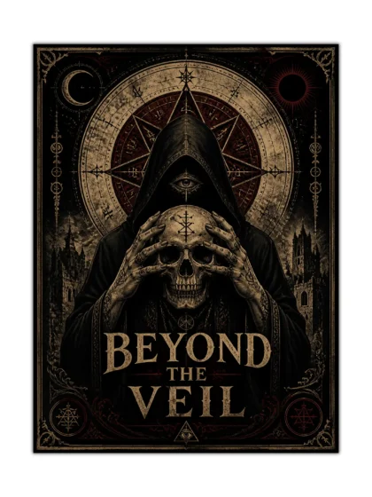 Gothic skull poster with a hooded figure, occult symbols, ruined towers, and Beyond the Veil text