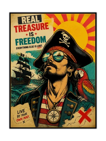 Vintage pirate captain poster with scarlet parrot, sailing ship, compass, and freedom slogan