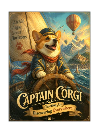 Captain Corgi dog poster showing a sailor corgi steering through mountains, ocean, and hot-air balloons