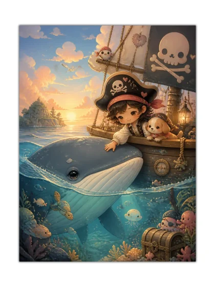 Whimsical pirate poster with young captain, puppy, whale, ship, and colorful underwater sea life