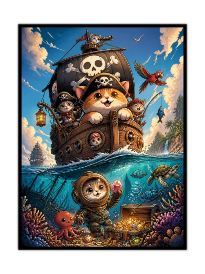 Cat pirate adventure poster with a treasure ship sailing above an underwater reef