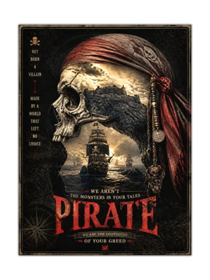 Vintage pirate skull poster with sailing ships, fortress, stormy sea, and distressed nautical design