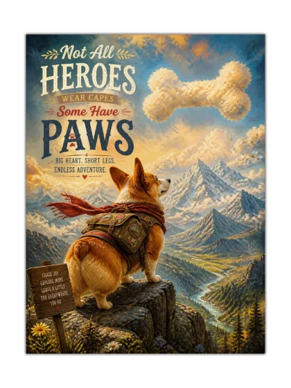 Corgi dog poster showing a backpacked dog above snowy mountains with vintage adventure lettering
