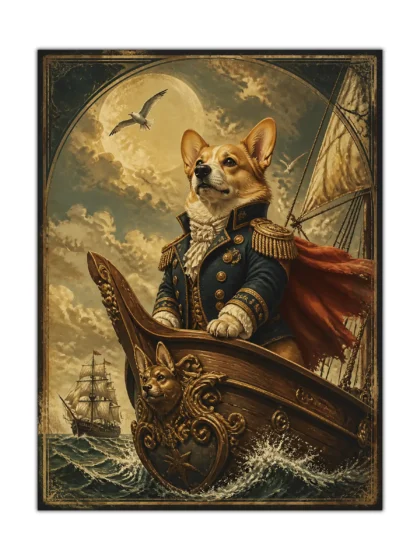 Captain corgi dog poster in a navy uniform aboard a moonlit sailing ship