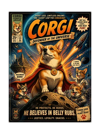 Heroic Corgi in a cape on the moon with space pups in a comic book poster