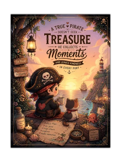Pirate child and cat beside a sunset harbor in a detailed storybook wall poster