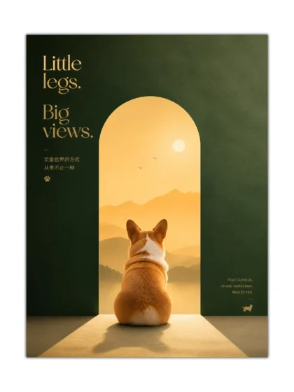 Little Legs corgi poster showing a seated dog facing glowing mountains beneath a golden sun