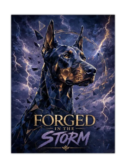 Faceted dog portrait poster with bronze highlights and lightning storm clouds