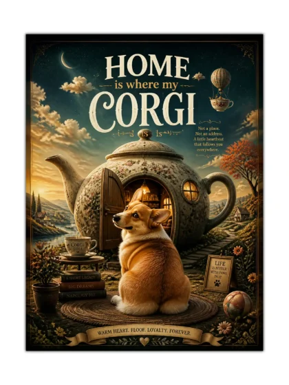 Corgi seated before a teapot-shaped home in a whimsical vintage storybook poster
