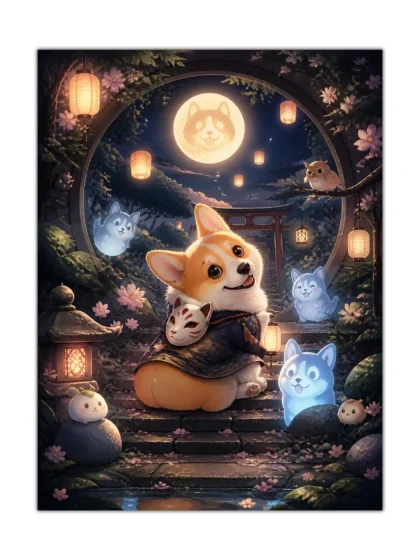 Moonlit corgi dog poster with ghost cats, lanterns, blossoms, and a Japanese shrine