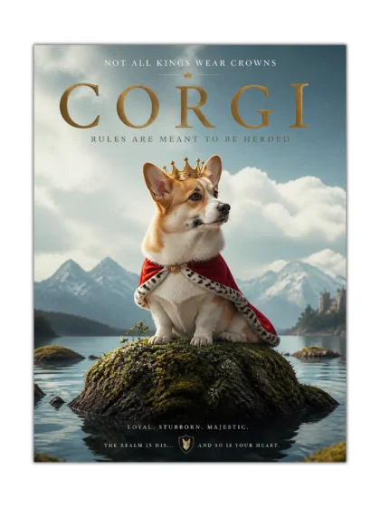 Crowned corgi dog poster with red cape on a mossy island above a mountain lake