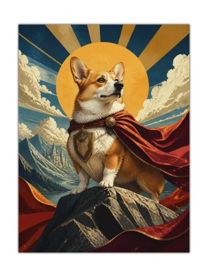 Corgi hero dog poster with red cape, mountain peaks, clouds, and golden sun
