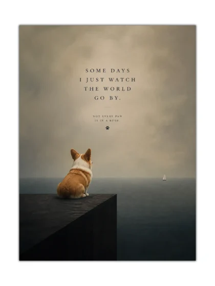 Patient corgi dog poster showing a seated dog watching a sailboat across a quiet gray sea