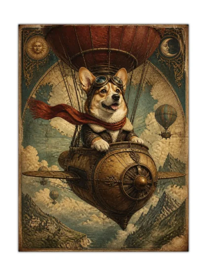 Corgi pilot in goggles flying a vintage airship above mountains and hot air balloons poster