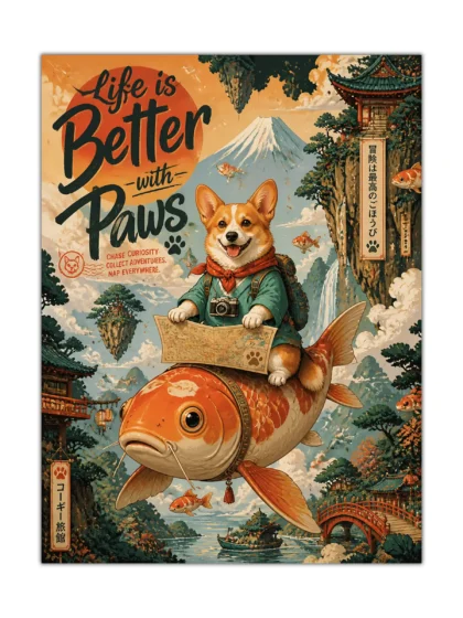 Corgi explorer riding a giant koi in a colorful Japanese mountain adventure poster
