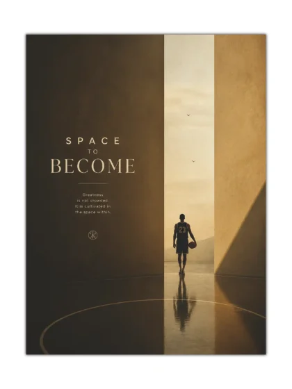 Sepia basketball poster showing a lone player in jersey 23 walking toward a bright horizon