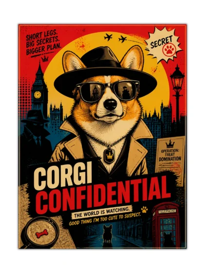 Corgi spy dog poster in a trench coat and sunglasses with the London skyline behind him