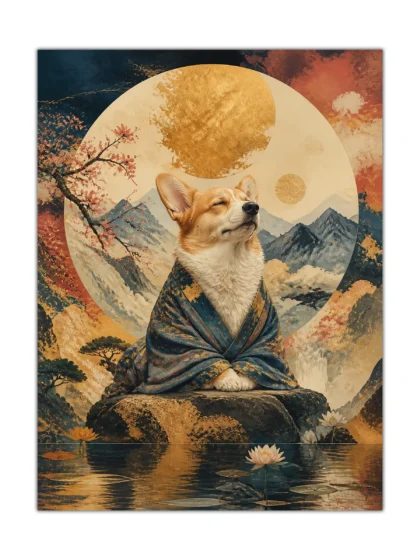 Corgi in a blue robe beside mountains and lotus flowers on a serene aesthetic poster