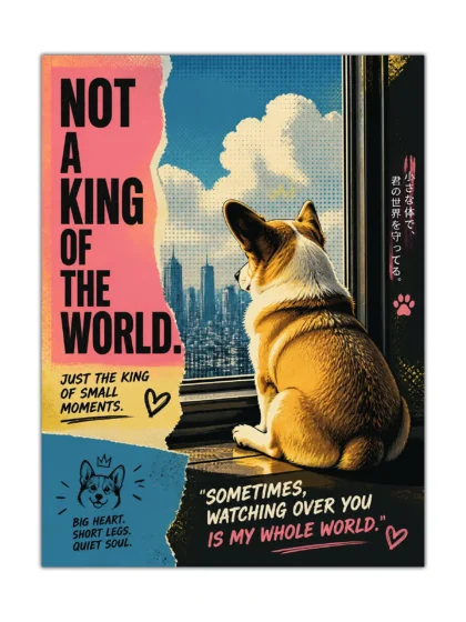 Colorful corgi dog poster showing a loyal companion seated at a piano above a city skyline