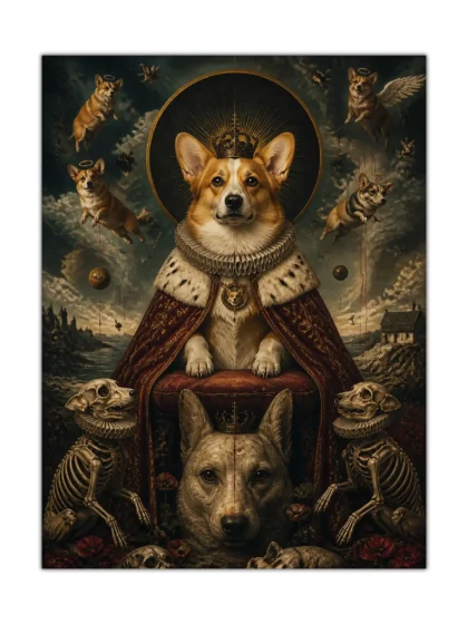 Crowned corgi monarch dog poster with skeletal dogs and flying corgis in a gothic scene