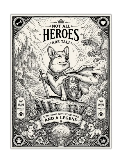 Corgi knight fantasy poster with sword, shield, dragon, castle, and storybook line art