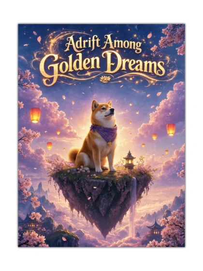 Shiba Inu fantasy poster with cherry blossoms, lanterns, floating island, and golden dream lettering