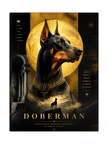 Regal black and tan Doberman dog poster with gold sun backdrop and ornate collar