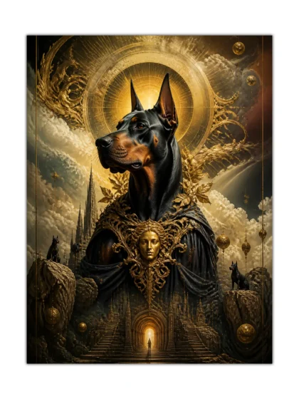 Doberman dog poster with a golden halo, celestial ruins, clouds, and ornate fantasy details