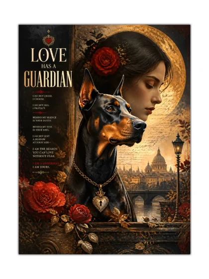 Doberman dog poster with red roses, golden moon, woman profile, and romantic city scene
