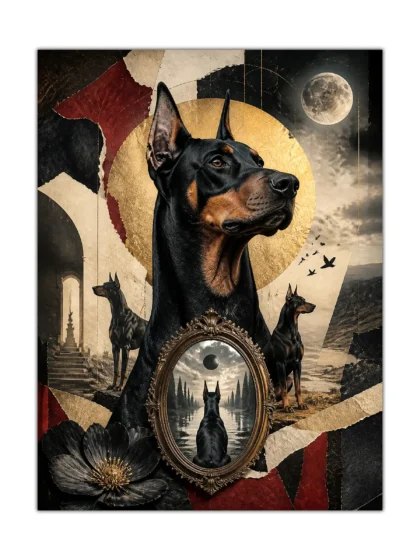 Front view of a Doberman dog poster with a moon, gold halo, antique mirror, and dark collage