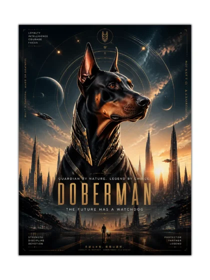Doberman dog poster with armored black and tan guardian in a futuristic city