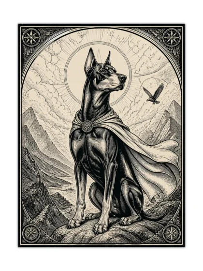 Mountain Sentinel dog poster showing a caped Doberman-like dog above a rugged coastal mountain landscape