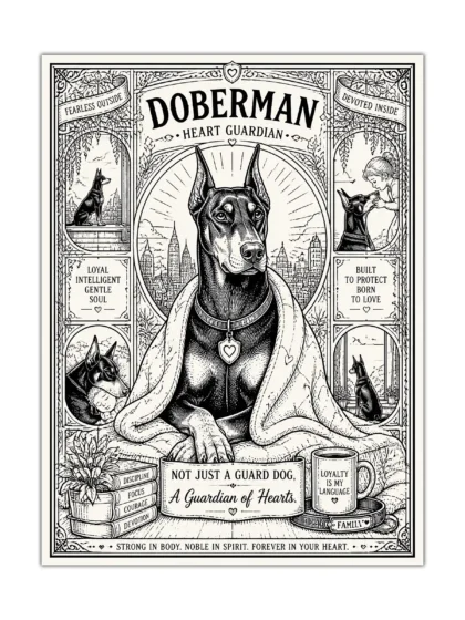 Black-and-white Doberman dog poster with ornate border, hearts, and vintage loyalty artwork