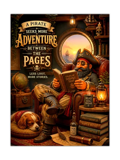 Pirate captain reading by lantern light with books, maps, sunset sea, and sleeping dog poster