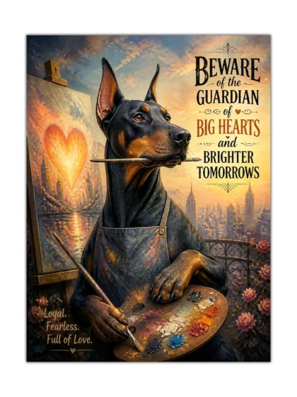 Doberman dog poster showing a painterly guardian with a palette, easel, roses, and glowing city skyline