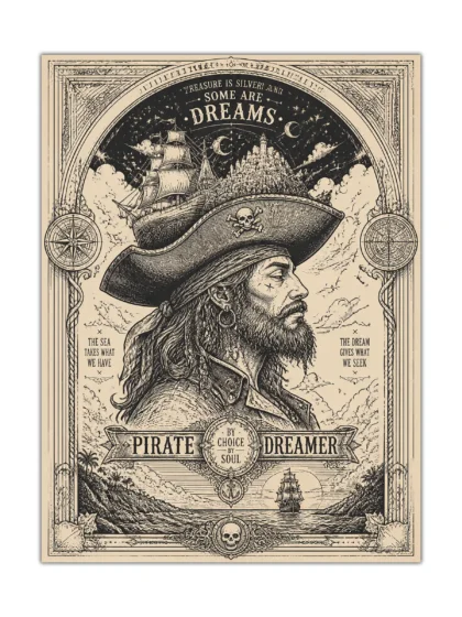 Vintage pirate captain poster with sailing ships, compass roses, moon, and island fortress