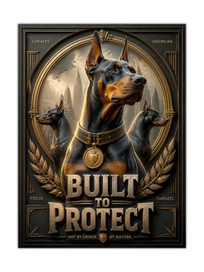 Sentinel Doberman dog poster showing three guardian dogs beneath a bronze city arch