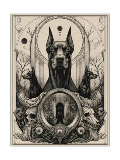 Gothic Doberman dog poster with three hounds, skulls, arches, and mountain scenery