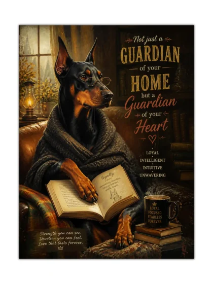Doberman dog poster with round spectacles, open book, blanket, and warm vintage library setting