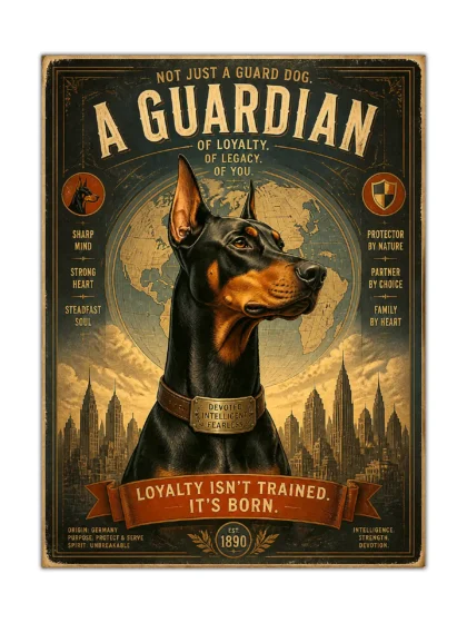 Vintage Doberman guardian dog poster with world map, city skyline, and bronze lettering