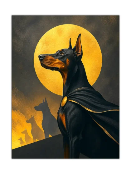 Illustrated Doberman dog poster with black cape, golden moon, and canine silhouettes