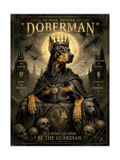 Crowned Doberman dog poster with ravens, skulls, moon, and gothic fantasy ruins